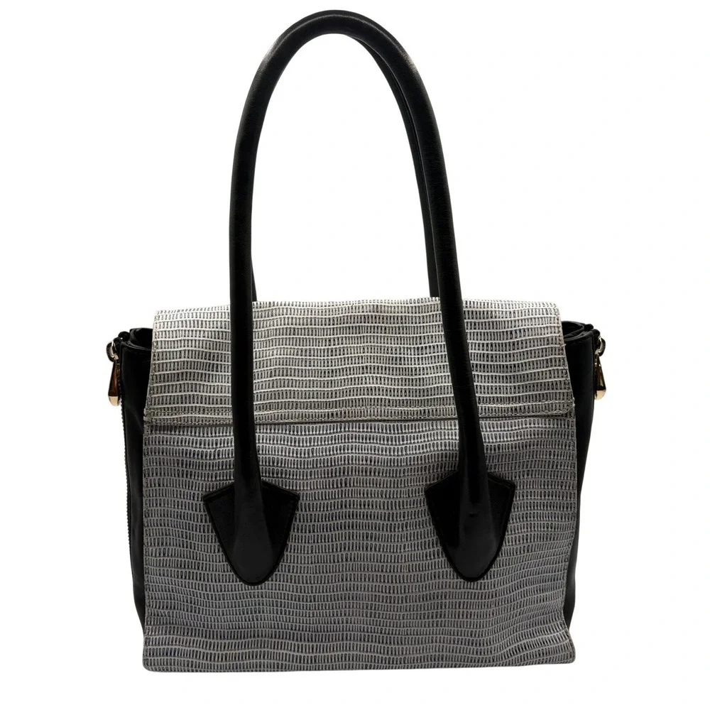 Pour La Victoire Expandable Satchel Bag Black Grey Excellent Textured‎ Leather